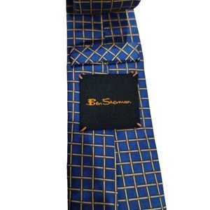 Ben Sherman Skinny Tie, Blue and Gold, Handmade Silk